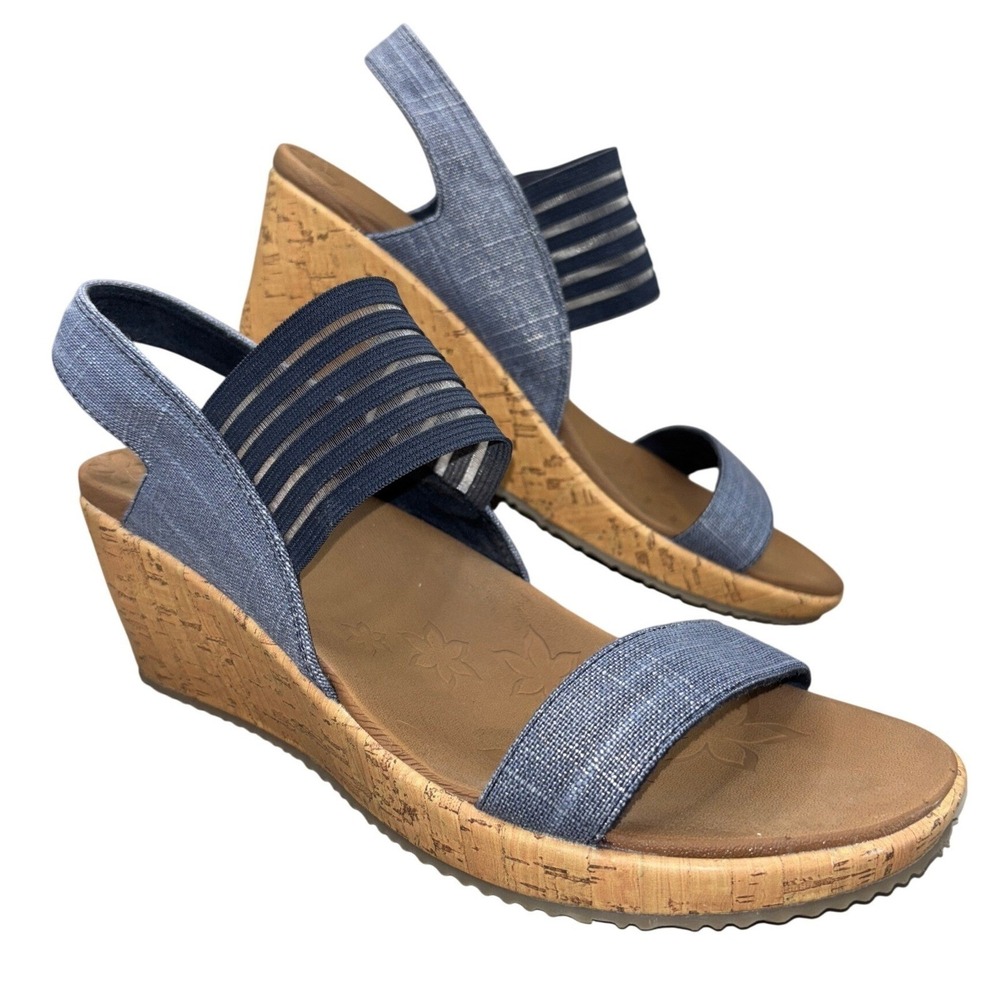 Skechers Luxe Foam Beverlee Smitten Sandals Women's Size 11 Blue Wedge Heel Mesh